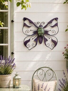 Butterfly Metal Wall Decor w/ Tealight Holder Purple Green 23” x 20”
